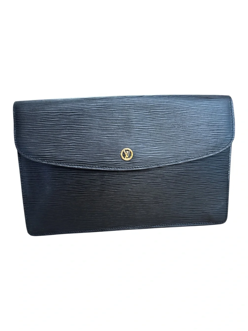 Louis Vuitton VTG Classic Black Leather Clutch Gold LV Button + Dust Bag 10x7”